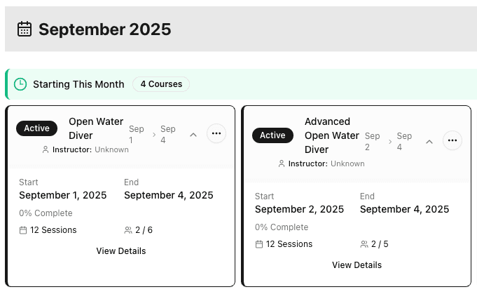 DiverDash Monthly Course Schedule