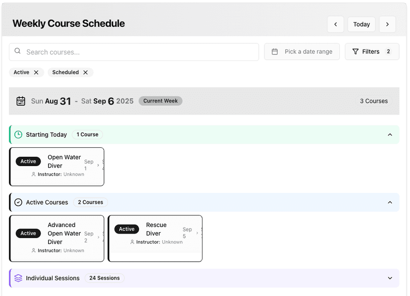 DiverDash Weekly Course Schedule
